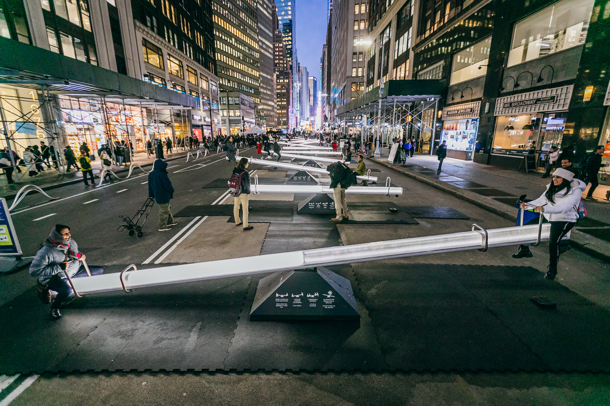 Garment District Alliance, public art NYC, public seesaws, Impulse