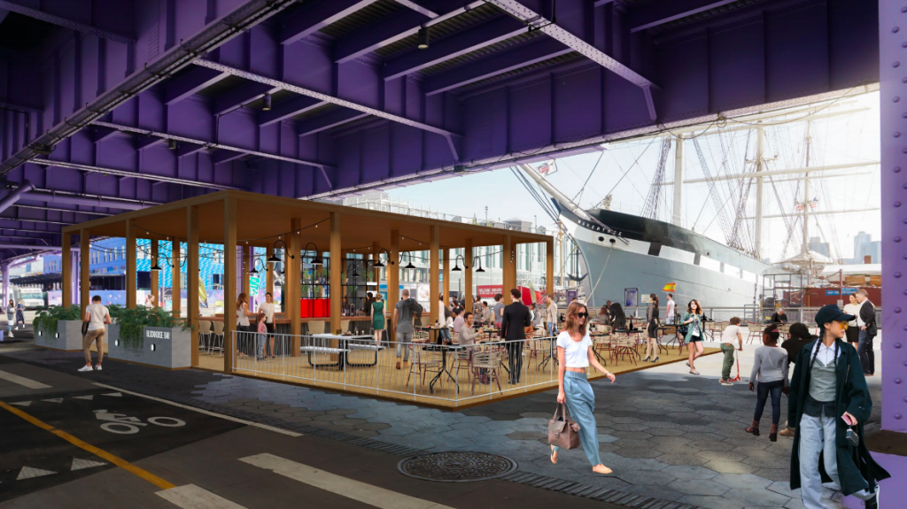 Open-air cafe proposed along the East River in historic South Street Seaport