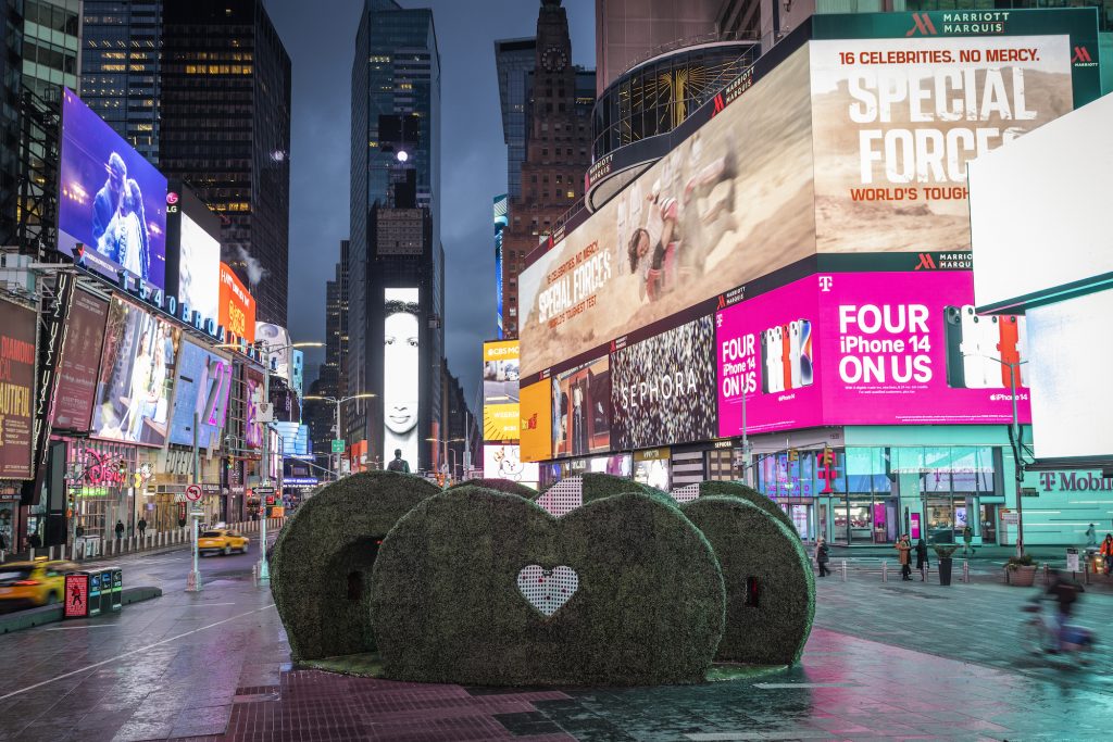 Heart-shaped hedges blossom with real roses as part of Valentine’s Day installation in Times Square